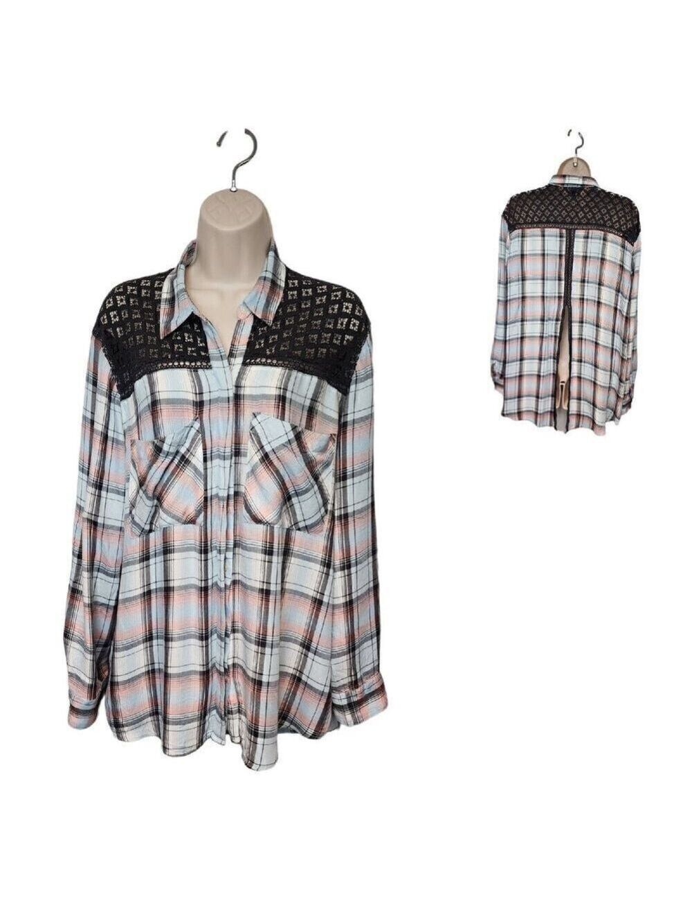 Express Plaid Crochet Button Front Up Shirt Split Back Long Sleeve Blouse Large